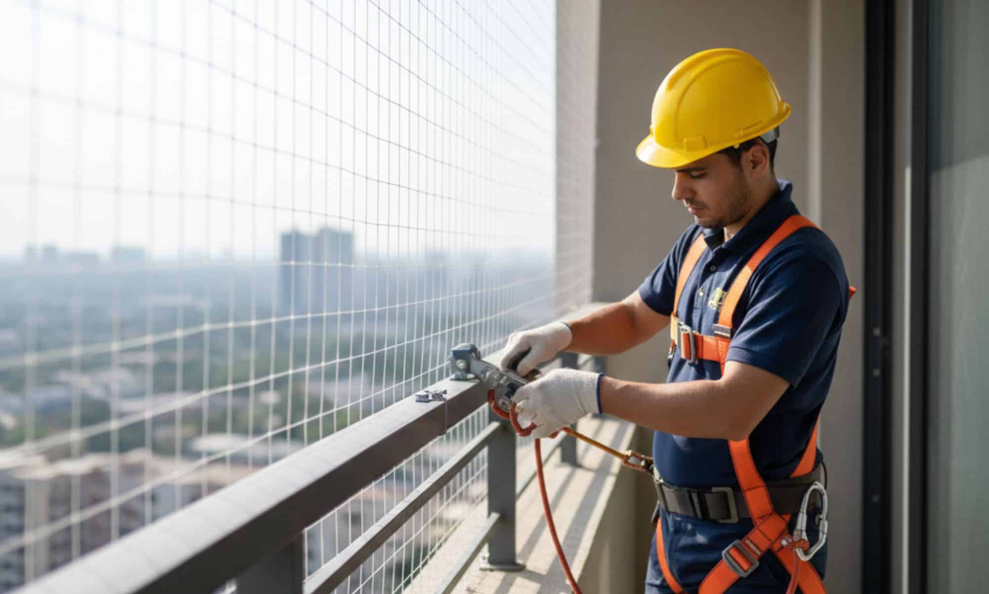 Skilled installation expert wearing a safety harness installing bird nets and safety mesh on an apartment balcony