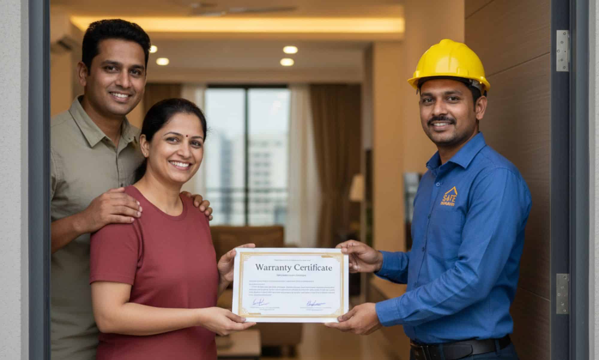 Happy homeowners receiving a 5-year warranty certificate for balcony safety net installation from a service professional
