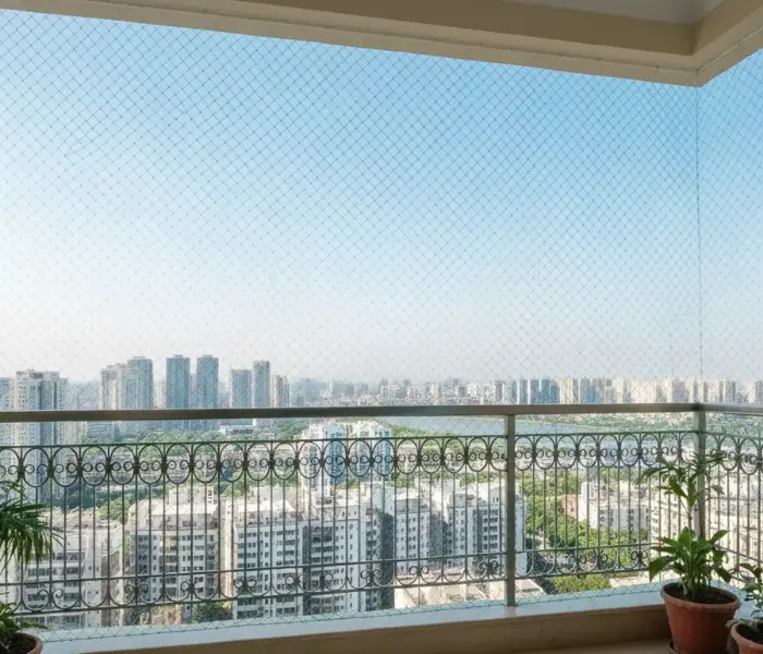 Clean balcony with transparent safety net installation Hyderabad