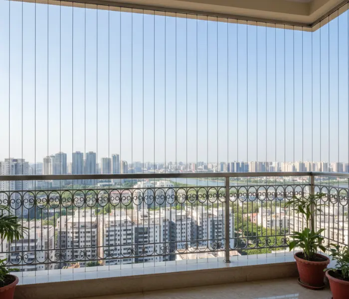 Modern balcony with premium invisible grills and clear city view