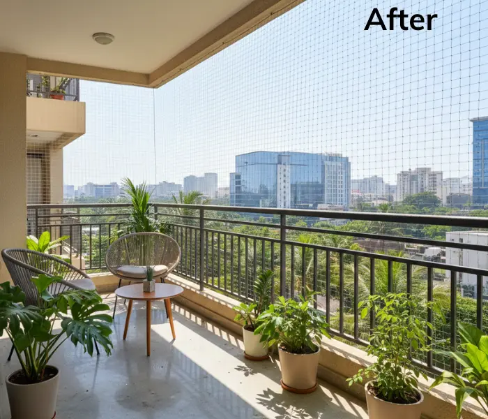 invisible-pigeon-safety-net-installation-hyderabad-high-rise-balconySecure balcony safety wires and invisible grills for homes in Alwal
