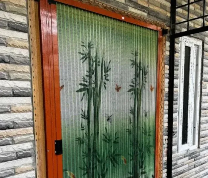 Durable sliding mosquito mesh door with track system for insect-free ventilation.