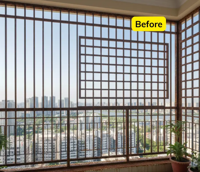 Child-safe balcony grill installationsin toli chowk